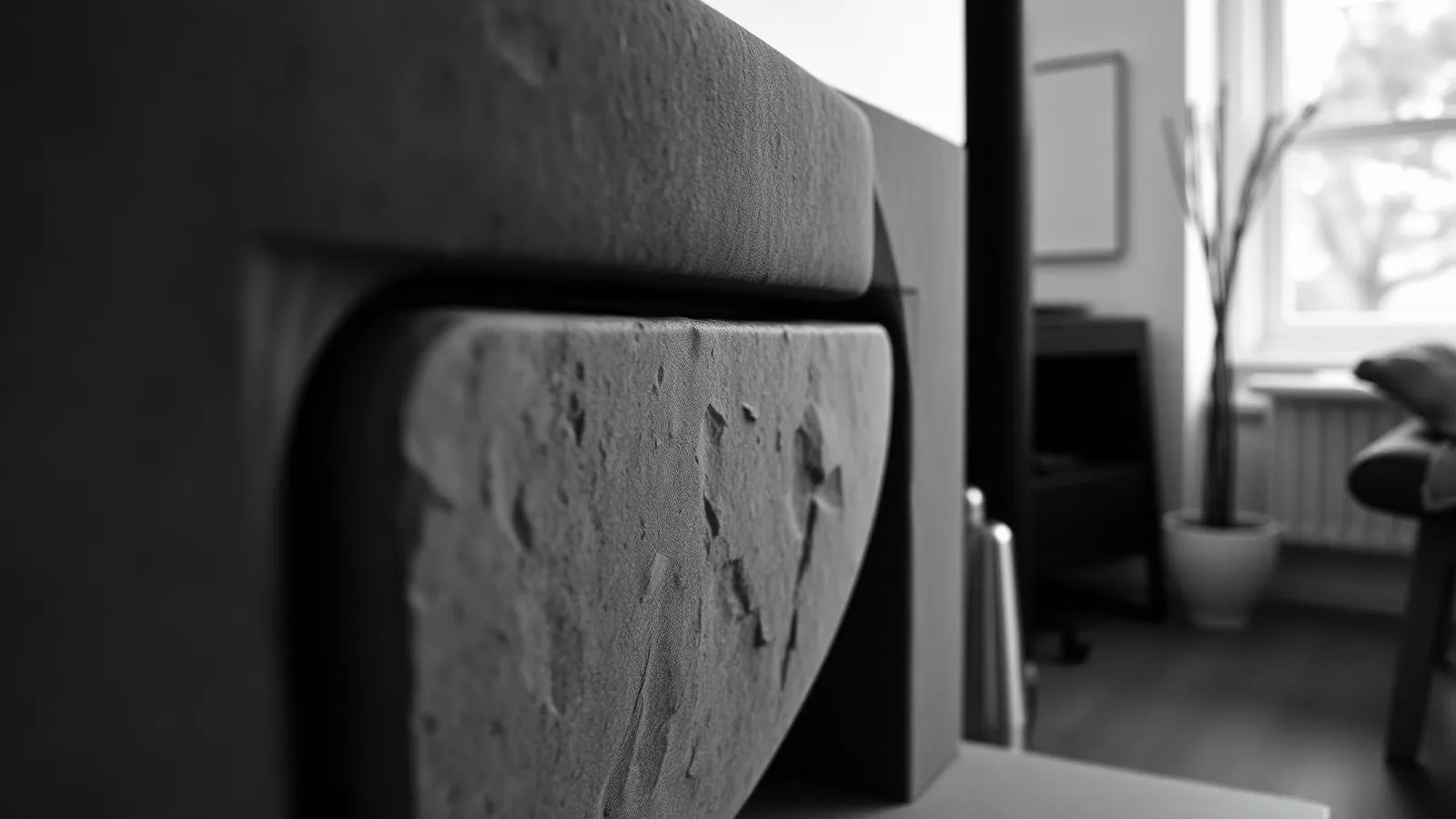 Närbild på täljstenskamin med strukturerad stenfasad